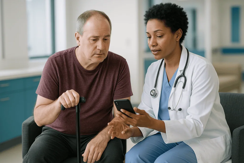 Doctor consulting with male patient using mobile device: MS relapse: what to do if you think one is starting