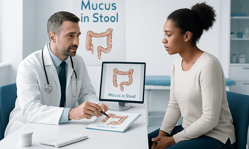 Doctor explaining mucus in stool to patient in a clinic setting.