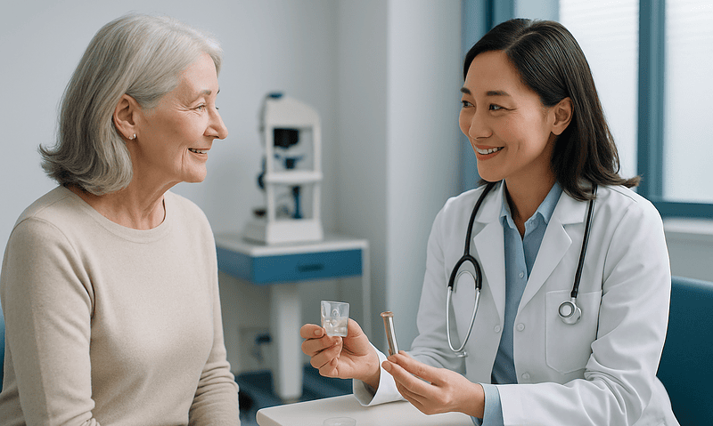 Optometrist explaining eye treatment options to elderly woman in clinic.