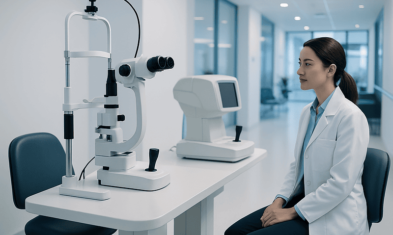 Optometrist preparing for eye examination with advanced equipment at Acibadem Hospital.