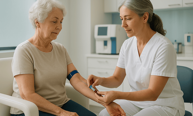 Healthcare professional drawing blood from an elderly woman's arm in a clinical setting.
