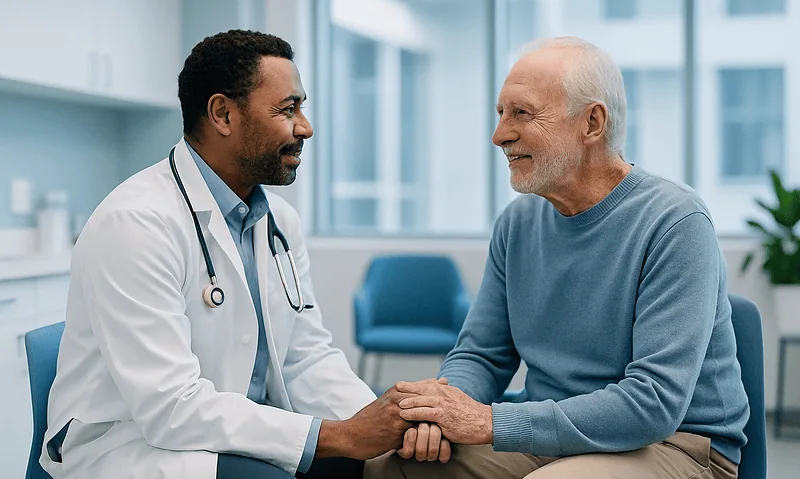 Doctor and patient having a friendly conversation in a medical office.