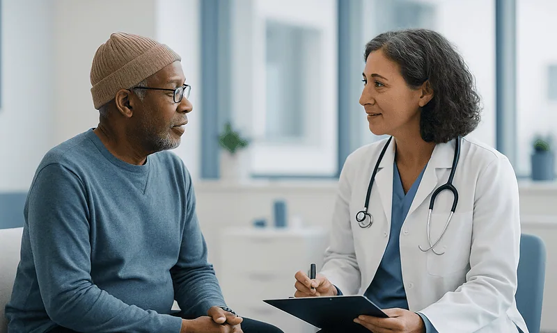 Doctor consulting with a patient in a modern hospital setting.