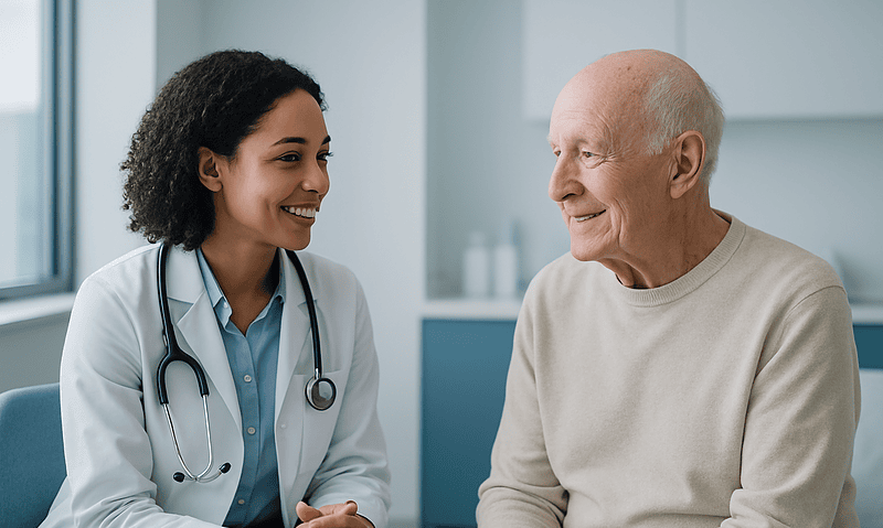 Doctor consulting with elderly patient in a medical office.