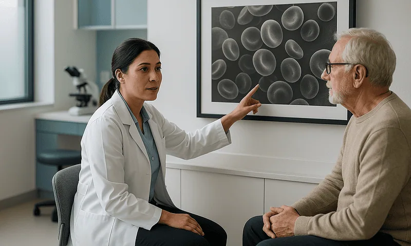 Doctor explaining blood cells to a patient in a medical consultation.