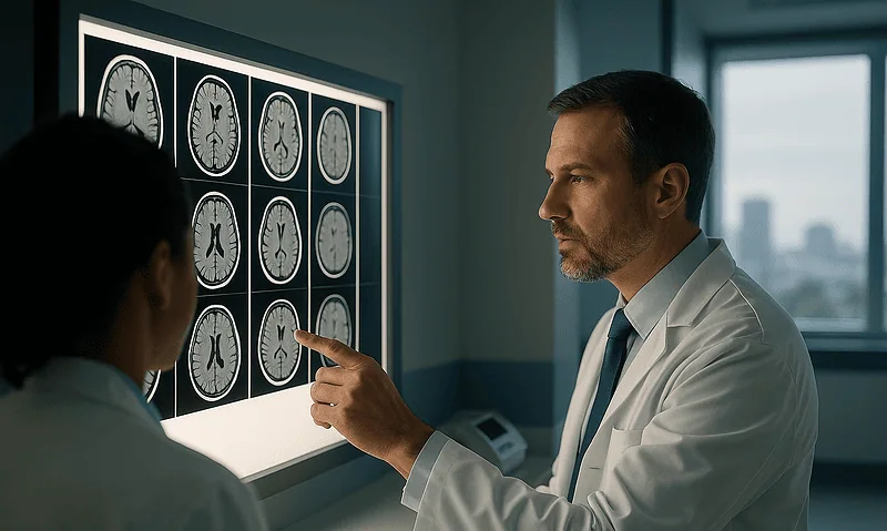Doctor analyzing brain MRI scans in a hospital setting.