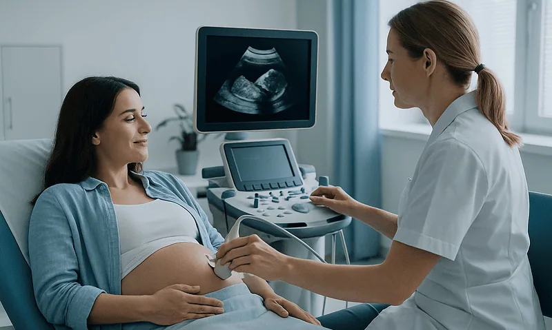 Pregnant woman having ultrasound at a hospital.