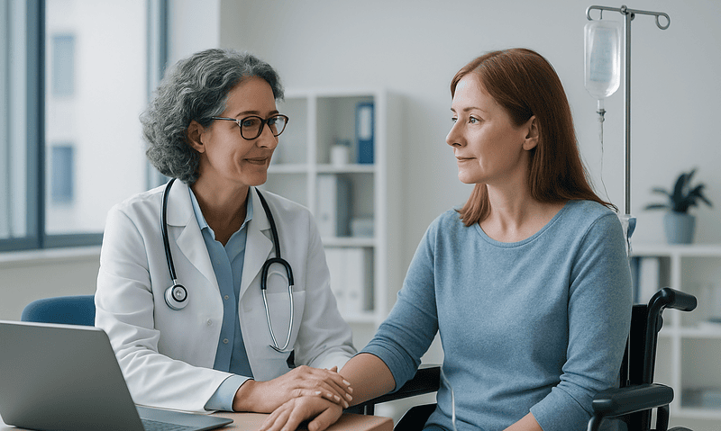 Doctor consulting with a female patient in a hospital room.