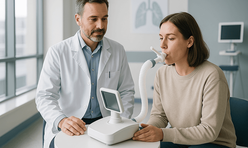 Doctor performing a breathing test on a patient in a medical clinic.