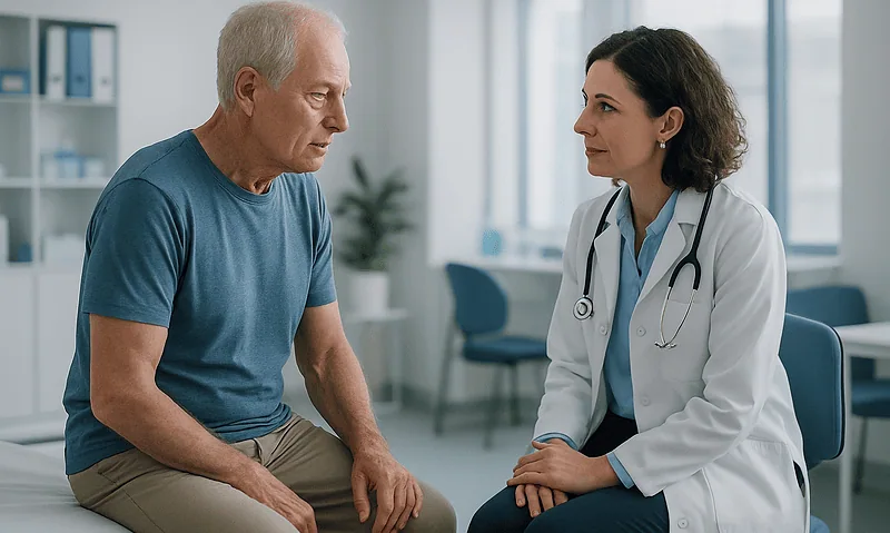 Doctor consulting with elderly male patient in a medical office.