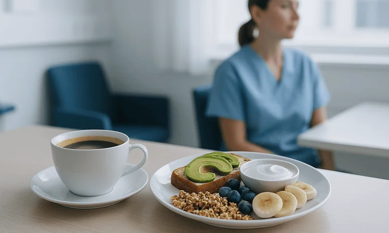 Nurse with a healthy breakfast and coffee in a hospital room.
