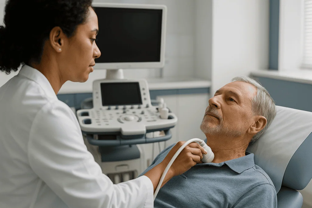 Mutational Falsetto 1 Doctor examining a senior male patient with ultrasound in hospital room.