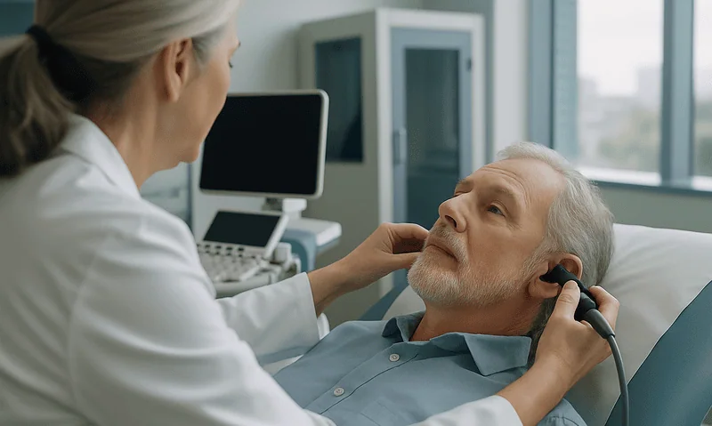 Doctor examining an elderly male patient with a stethoscope in a hospital room.