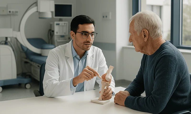 Doctor explaining joint model to elderly patient in medical consultation room.