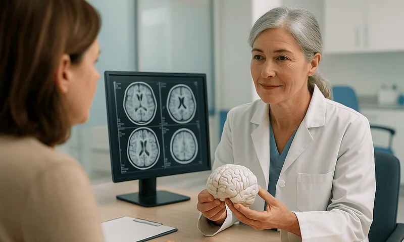 Doctor explaining brain scans and neurological health to patient.