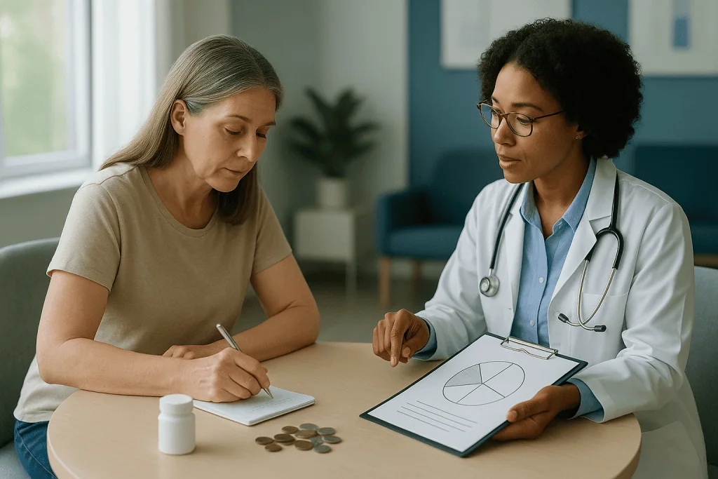Doctor and patient in consultation, reviewing medical chart — Myasthenia gravis energy pacing: running the day like a budget