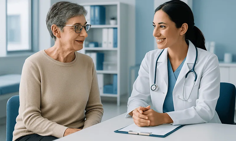 Doctor consulting with elderly female patient in a medical office.