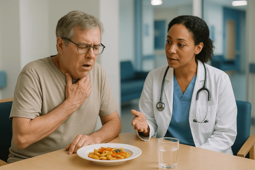 Doctor consulting patient about food at table: Myasthenia gravis swallowing difficulty: when a cough at dinner becomes a war