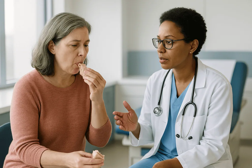 Doctor consulting patient eating food during office visit: Myasthenia gravis when to seek urgent care: the short version