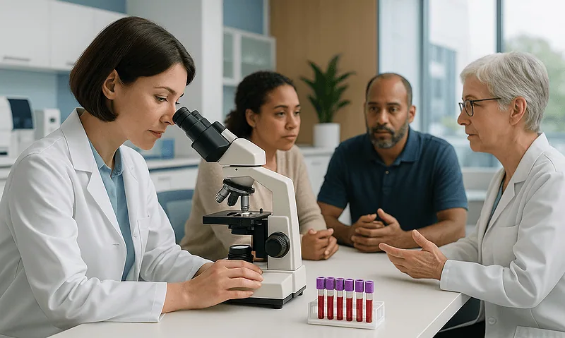 Medical team analyzing blood samples in a laboratory setting.
