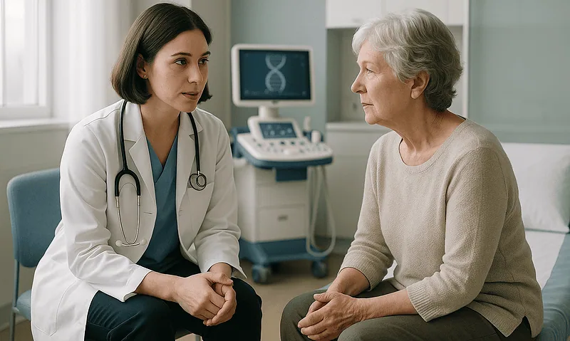 Doctor consulting with elderly patient in a medical office setting.