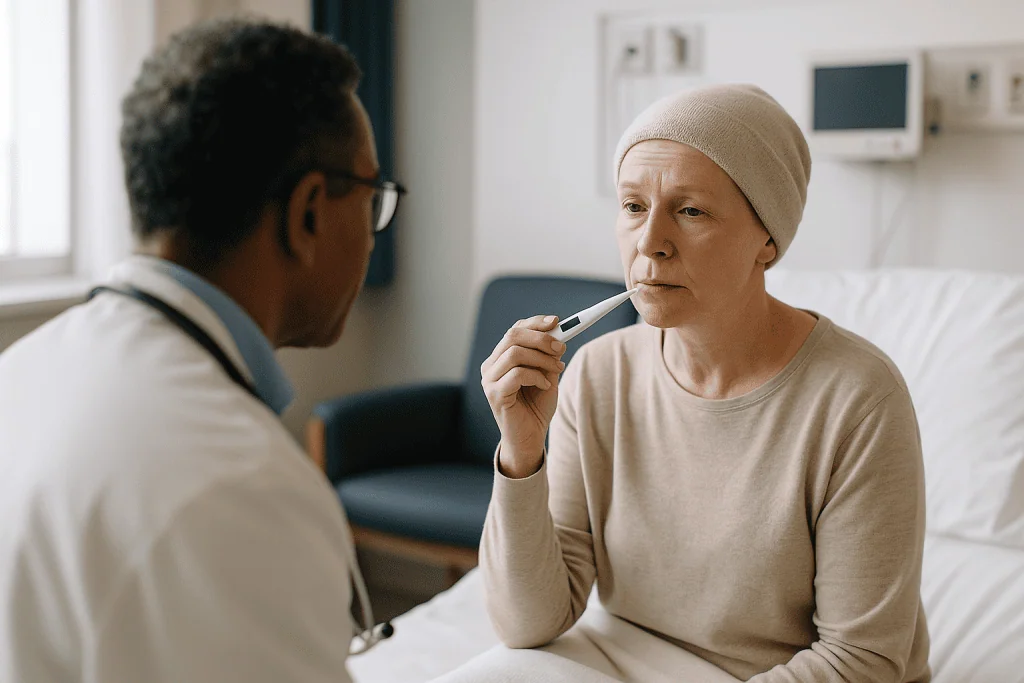 Doctor consultation with adult patient in clinical setting: Myelofibrosis fever: when to call, and what counts as a fever