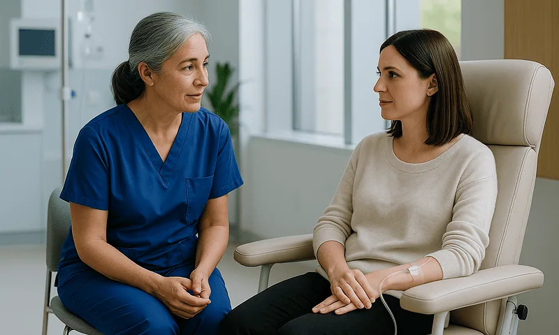 Doctor consulting with a patient in a hospital room for myelofibrosis treatment.