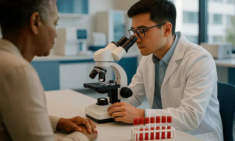 Doctor examining blood sample with microscope at hospital.
