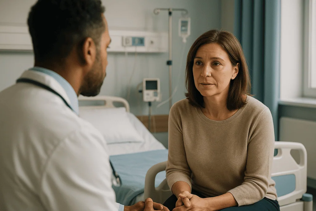 Myelogenous Leukemia 1 Doctor consulting with a female patient in a hospital room.