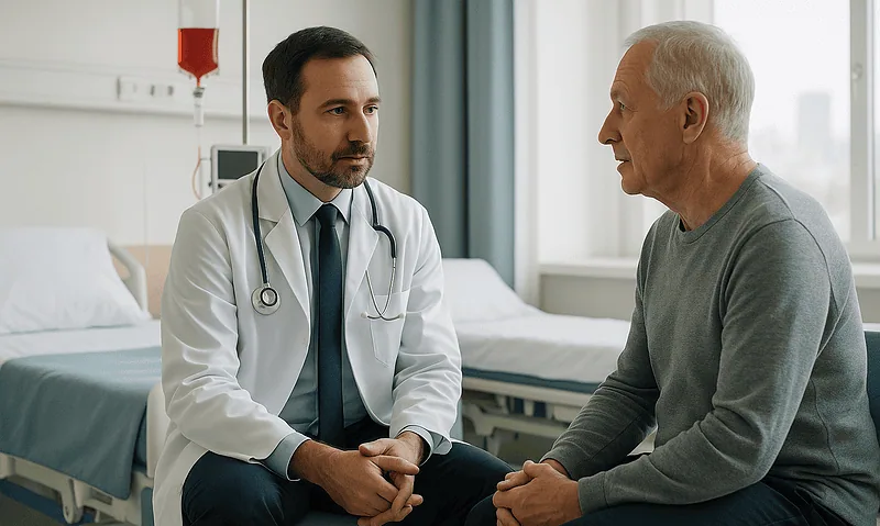 Doctor consulting with an elderly patient in a hospital room.