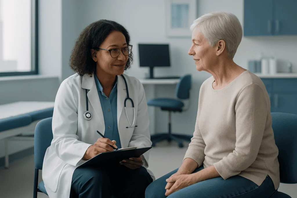 Myeloproliferative Neoplasms 1 Doctor consulting with an elderly female patient in a modern hospital room.