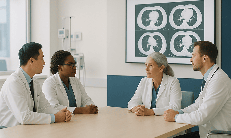 Medical team discussing patient case in hospital conference room.