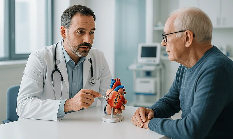 Cardiologist explaining heart health to elderly patient with heart model.