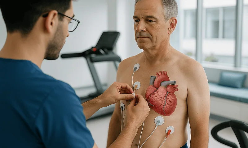 Doctor examining a patient's heart with medical sensors in a hospital setting.