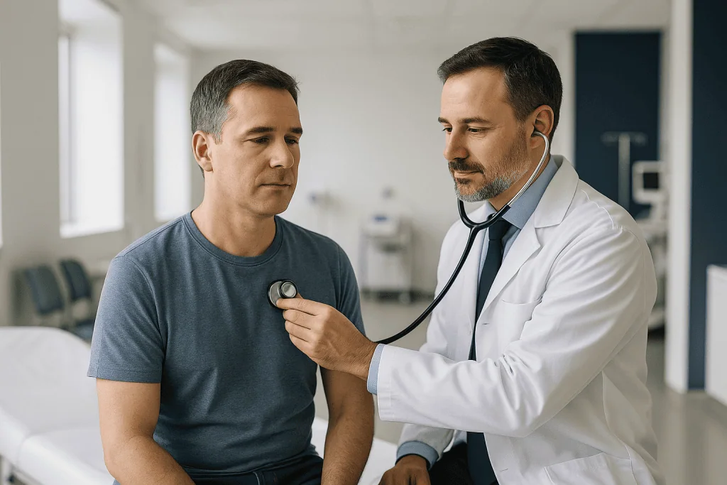 Myocarditis 1 Doctor examining a patient with stethoscope in a hospital room.