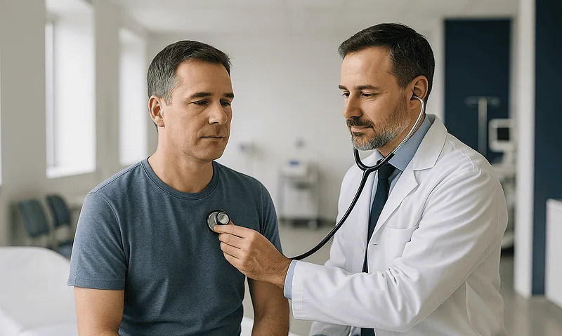 Doctor examining a patient with stethoscope in a hospital room.