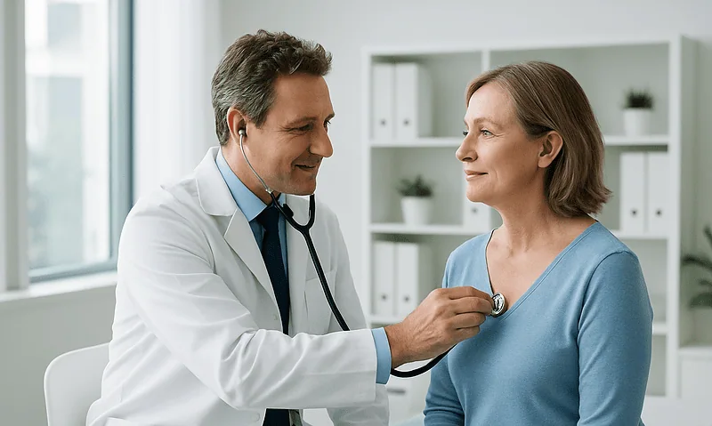Doctor examining a woman with stethoscope in a medical office.