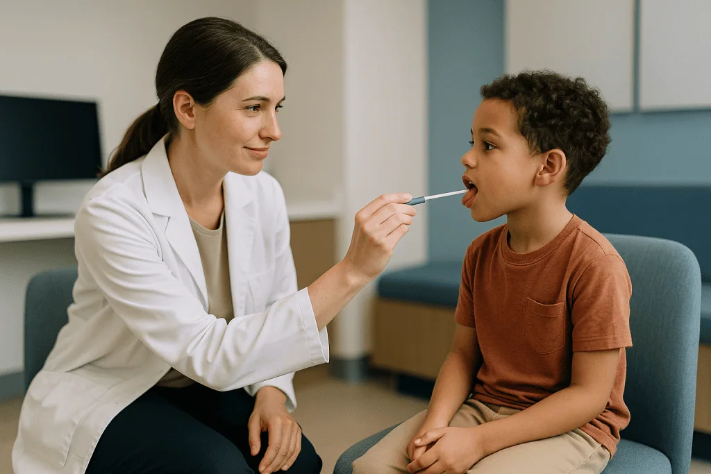Female clinician examining young boy's mouth with tongue depressor: Myofunctional therapy for kids: what a pediatric referra