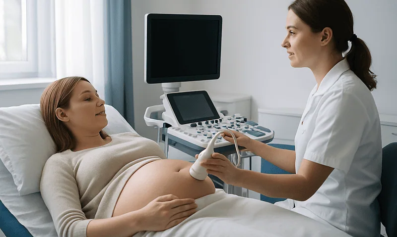 Pregnant woman having ultrasound at Acibadem Hospital for fibroid assessment.