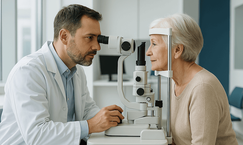 Optometrist examining elderly woman's eyes with slit lamp in clinic.