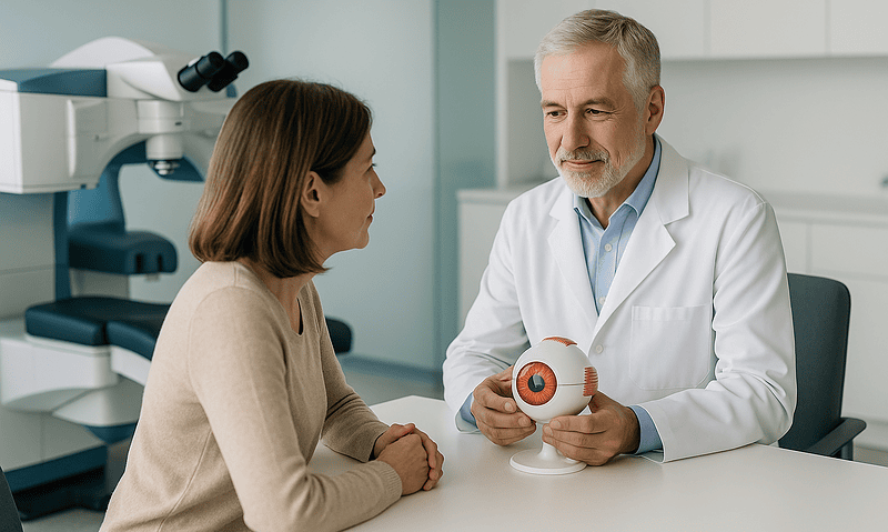 Ophthalmologist explaining eye model to patient in clinic.