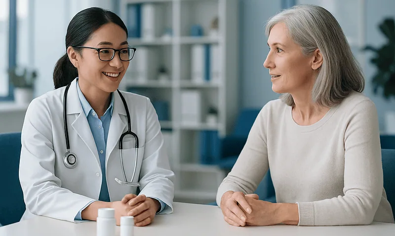 Doctor consulting with an elderly patient in a modern clinic setting.