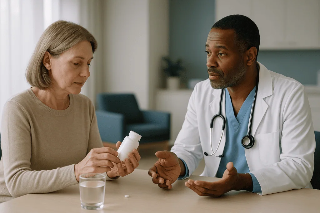 Doctor consulting with middle-aged patient about medication — NAD supplement types compared: NR, NMN, niacin, and oral NAD+