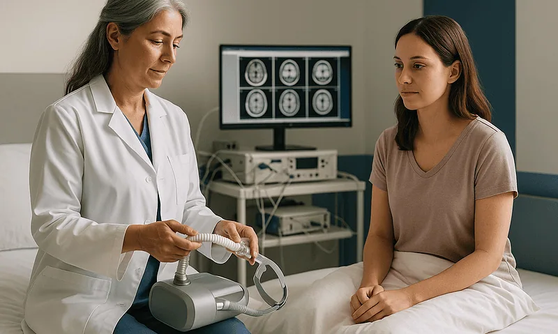 Doctor explaining sleep study results to a patient in a hospital room.