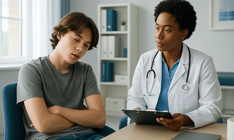 Teenager consulting with doctor about narcolepsy symptoms in a clinic setting.