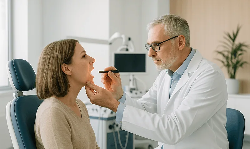 Doctor examines patient's throat in a medical consultation room.