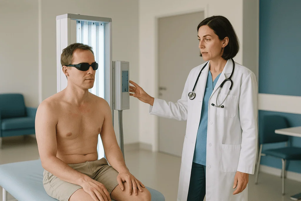 Doctor consulting shirtless patient wearing UV-protective sunglasses: Narrowband UVB for eczema, UVA1 and PUVA: which types 