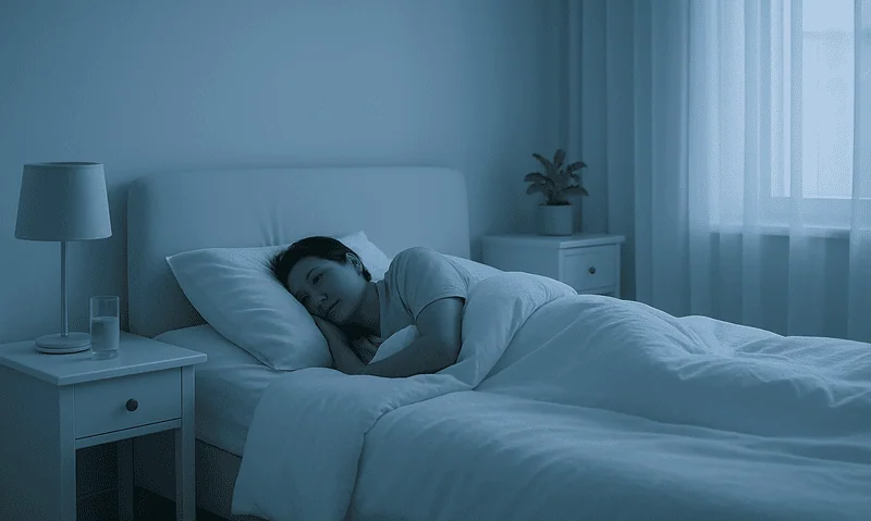 Woman sleeping peacefully in a modern bedroom with soft lighting.