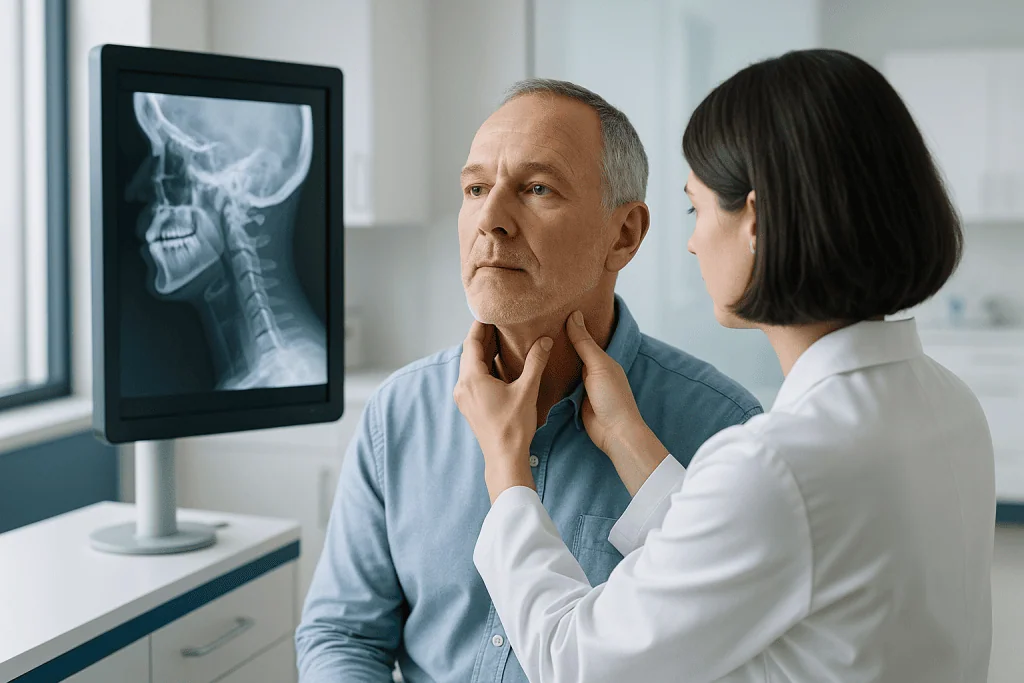 Nasal Fracture 1 ENT specialist examines patient's neck and head for nasal fracture diagnosis.