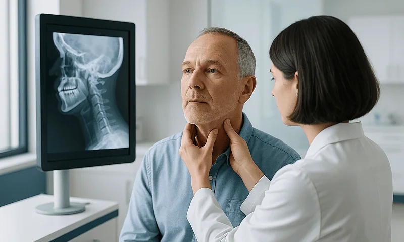 ENT specialist examines patient's neck and head for nasal fracture diagnosis.